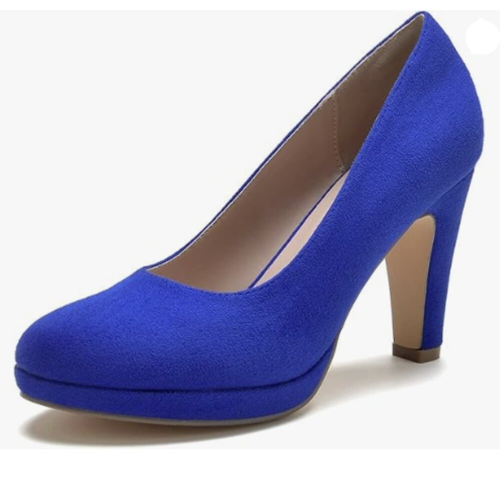 miss left Women's Low Platform High Chunky Heels Slip On Closed Round Toe Blue